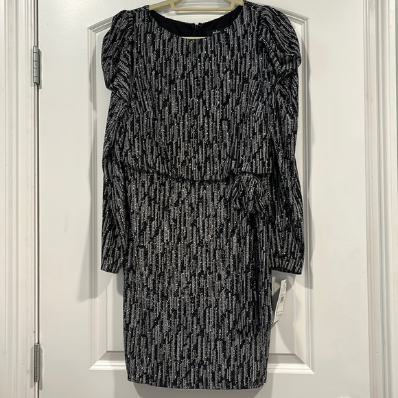 NWT Aidan Mattox Metallic Knit Puff Long Sleeve Sparkly Formal Dress - Size 12 - Picture 7 of 16